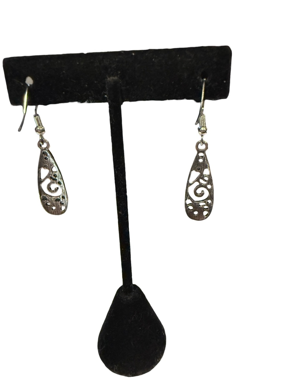 Silver Filigree Teardrop Swirl Dangle Earrings Whimsygoth Openwork Scrollwork - Picture 6 of 7